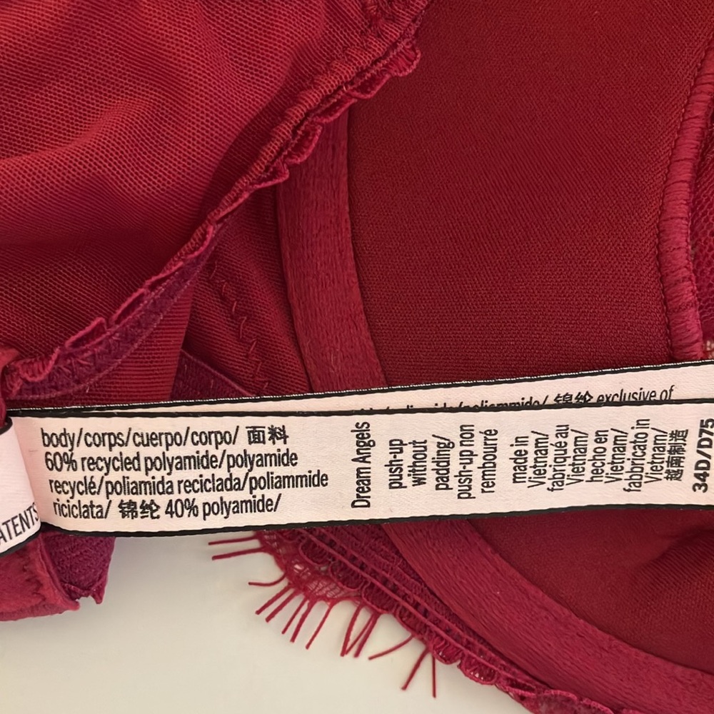 NWOT Victoria's Secret Dark Red Dream Angels Pushup With No Padding Bra 34D - Picture 9 of 11